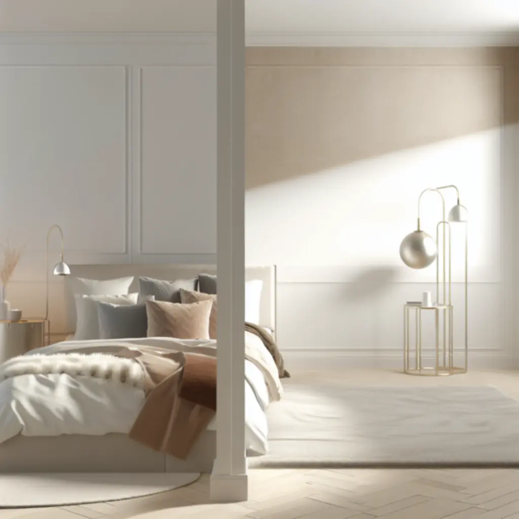 Elegancka, jasna sypialnia z miękkim zagłówkiem i nastrojowym oświetleniem