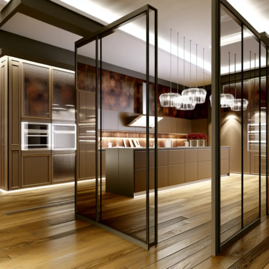 Nowoczesna kuchnia z przeszklonymi zabudowami i subtelnym oświetleniem