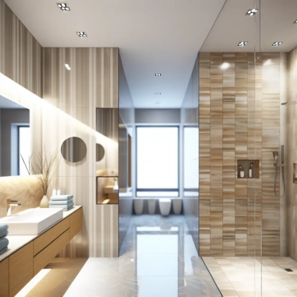 Elegancka łazienka z ciekawymi płytkami i nowoczesną armaturą