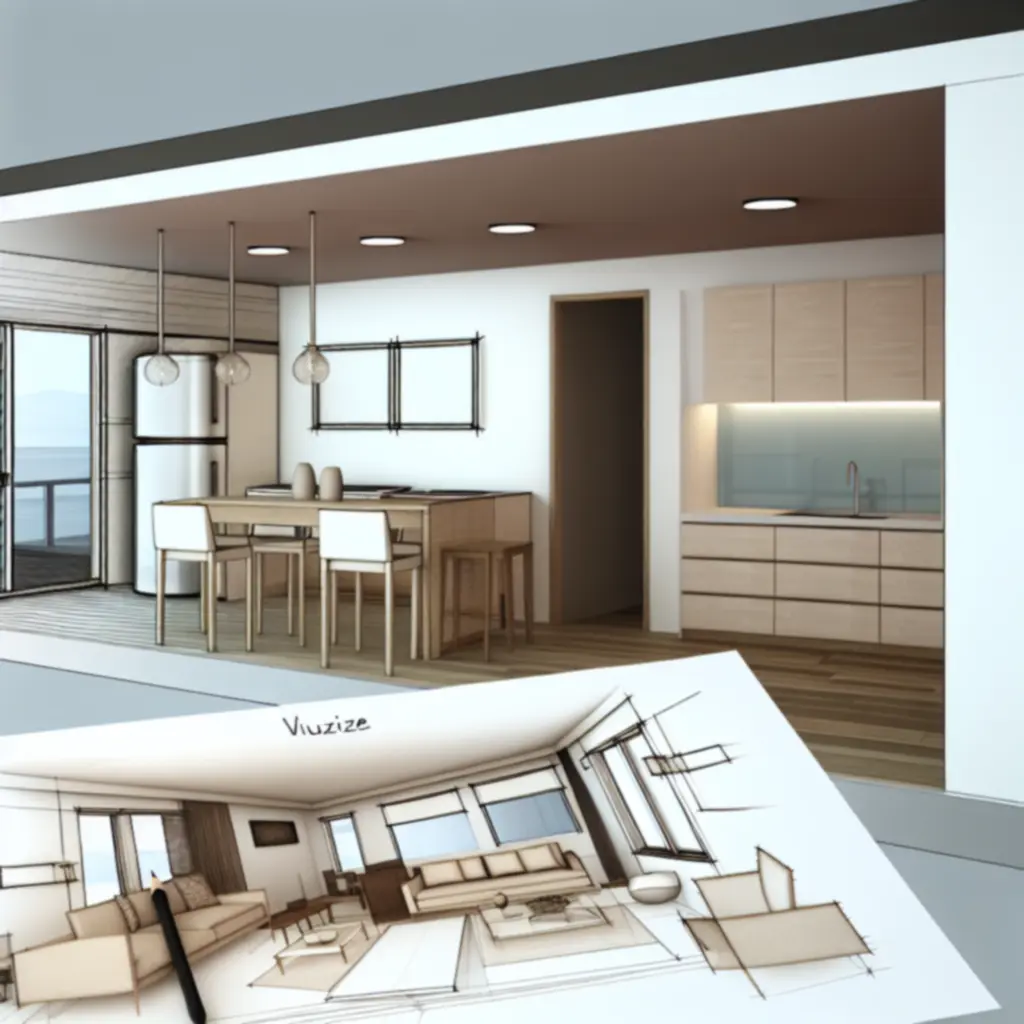 Minimalistyczny, otwarty układ salonu z kuchnią w nowoczesnym apartamencie