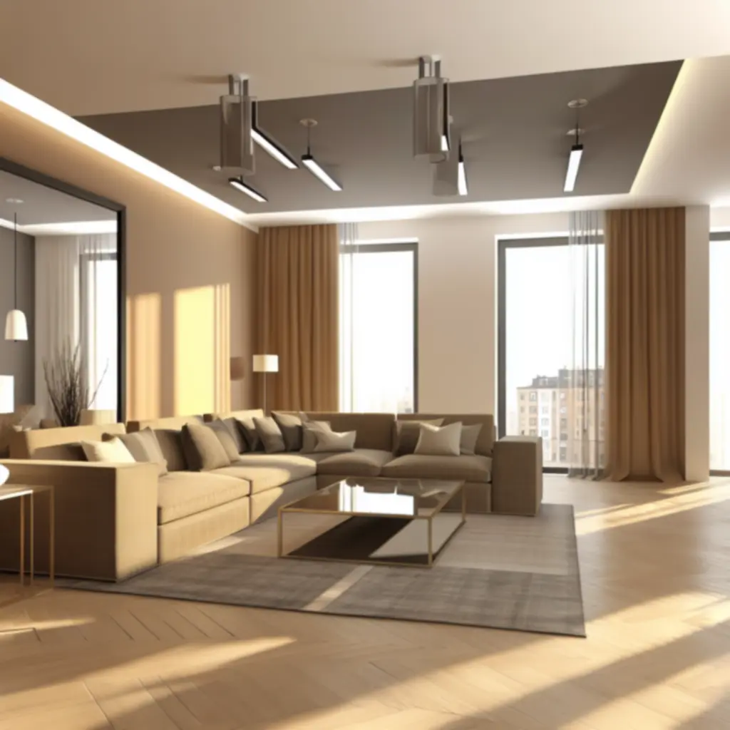 Nowoczesny, ciepły salon zaprojektowany w neutralnych barwach przez Interovixa