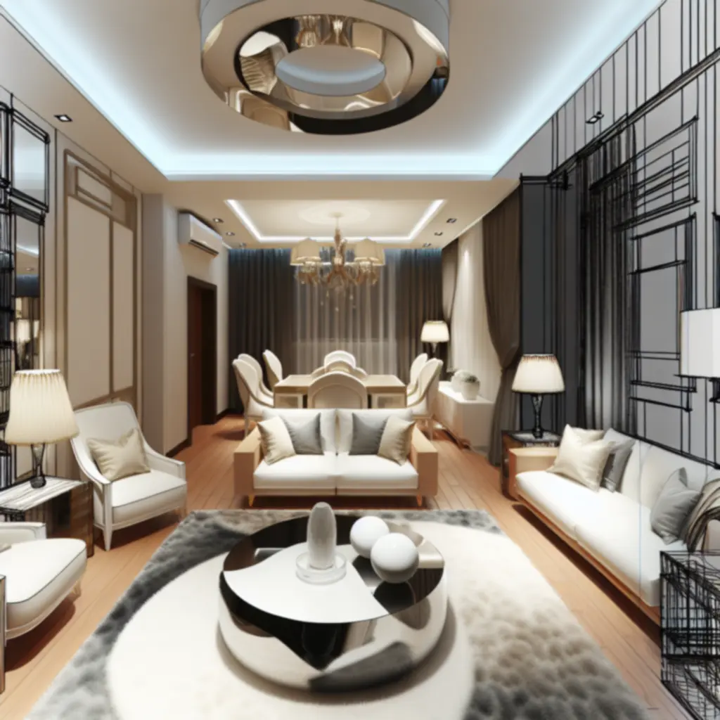 Elegancki salon i jadalnia w ciepłej, nowoczesnej aranżacji