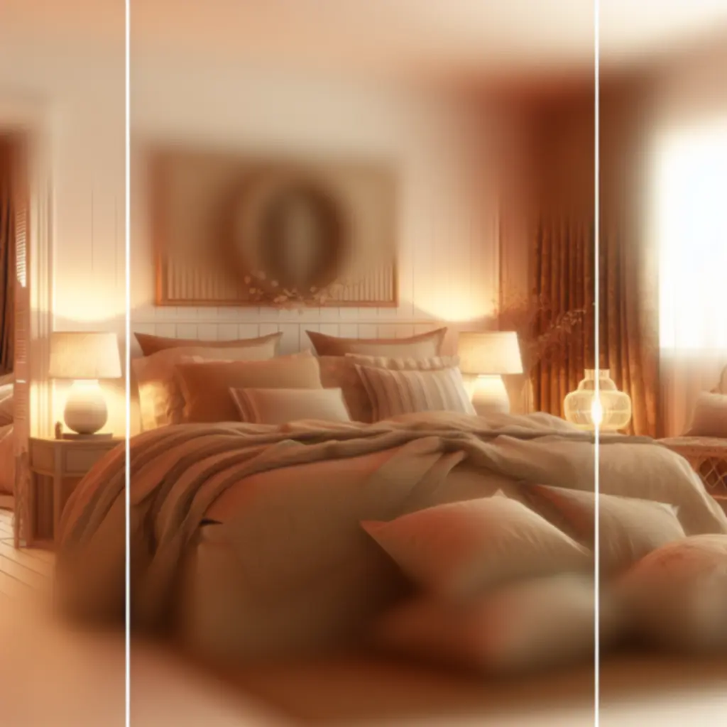 Przytulna sypialnia z miękkimi tekstyliami i nastrojowym oświetleniem